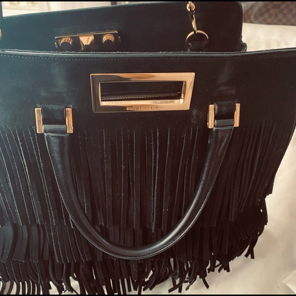 SAINT LAURENT ELEGANT BLACK Suede Layers of Fringes lined Beautifully with Gold - Picture 7 of 16